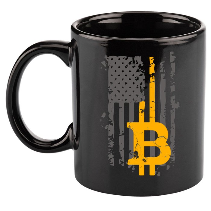 Bitcoin Crypto American Flag Gold Thin Line 11oz C Handle Ceramic Mug