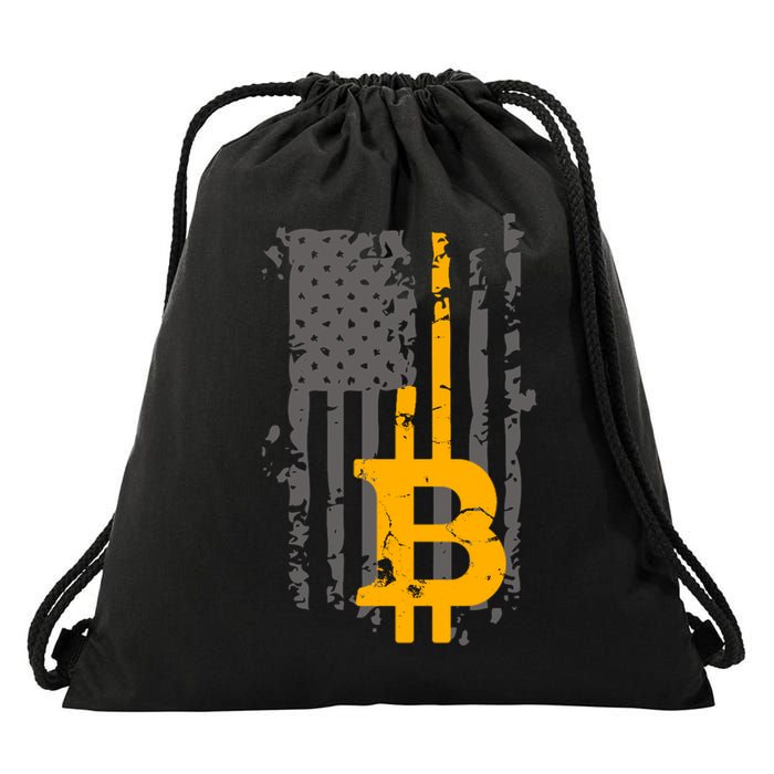 Bitcoin Crypto American Flag Gold Thin Line Drawstring Bag