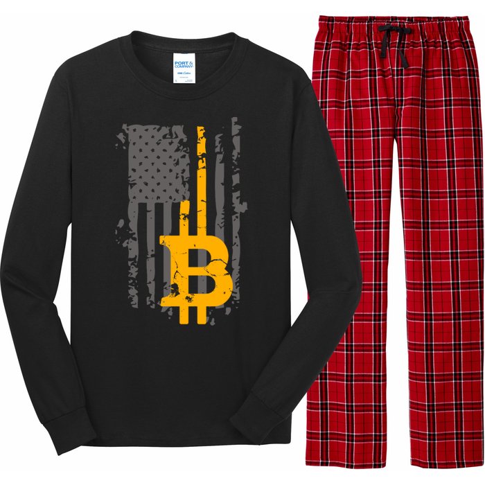 Bitcoin Crypto American Flag Gold Thin Line Long Sleeve Pajama Set