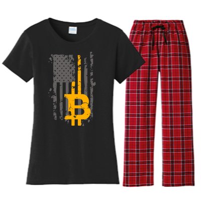 Bitcoin Crypto American Flag Gold Thin Line Women's Flannel Pajama Set