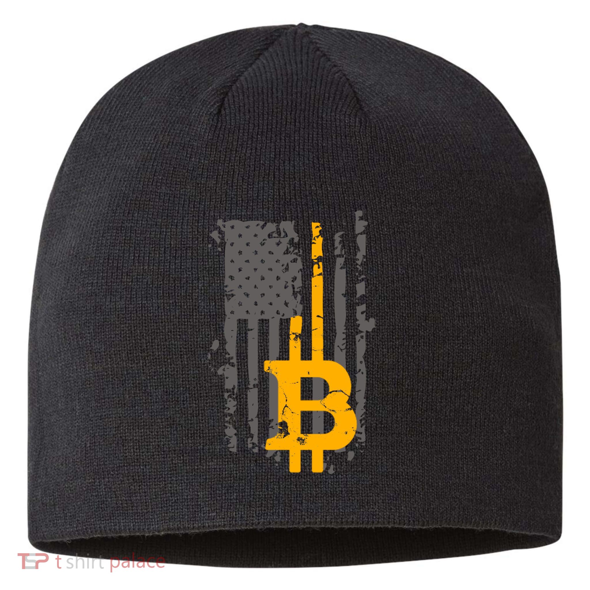 Bitcoin Crypto American Flag Gold Thin Line Sustainable Beanie