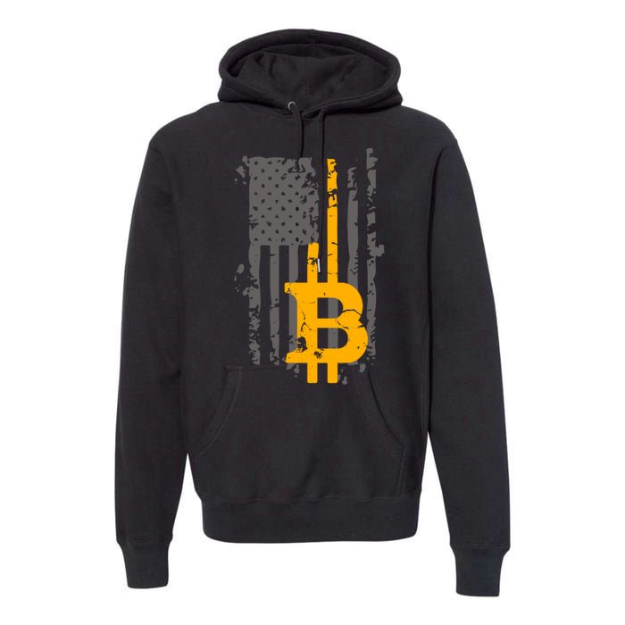 Bitcoin Crypto American Flag Gold Thin Line Premium Hoodie