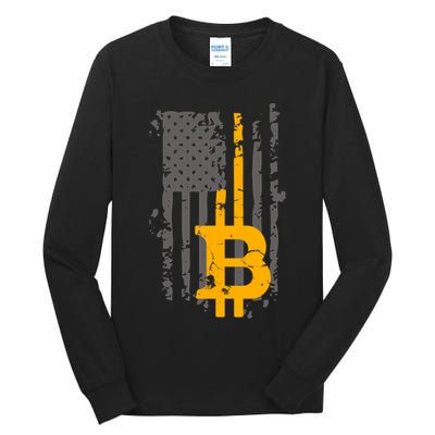 Bitcoin Crypto American Flag Gold Thin Line Tall Long Sleeve T-Shirt