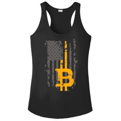 Bitcoin Crypto American Flag Gold Thin Line Ladies PosiCharge Competitor Racerback Tank