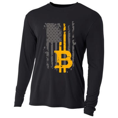 Bitcoin Crypto American Flag Gold Thin Line Cooling Performance Long Sleeve Crew