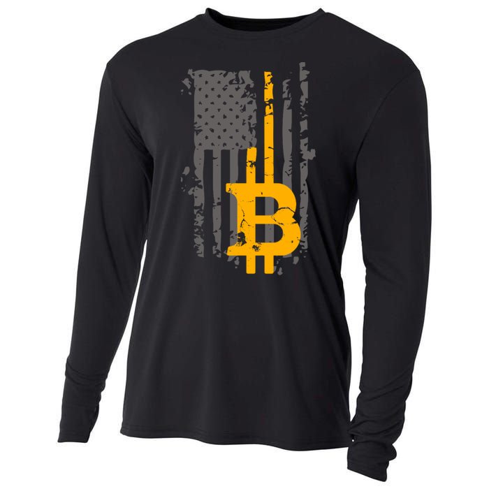 Bitcoin Crypto American Flag Gold Thin Line Cooling Performance Long Sleeve Crew