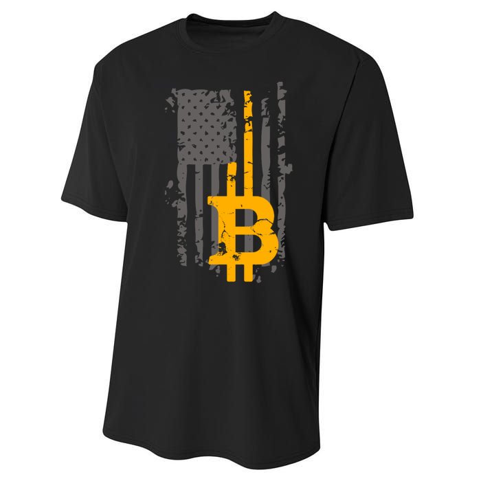 Bitcoin Crypto American Flag Gold Thin Line Performance Sprint T-Shirt