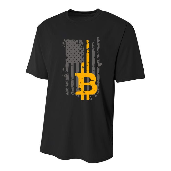 Bitcoin Crypto American Flag Gold Thin Line Youth Performance Sprint T-Shirt
