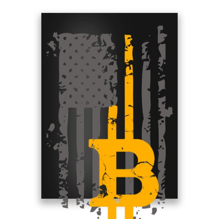 Bitcoin Crypto American Flag Gold Thin Line Poster