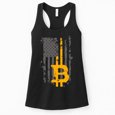 Bitcoin Crypto American Flag Gold Thin Line Womens Tank Top