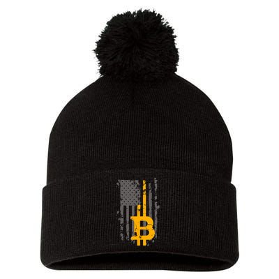 Bitcoin Crypto American Flag Gold Thin Line Pom Pom 12in Knit Beanie