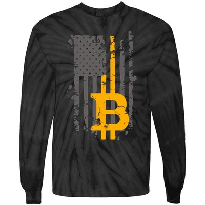 Bitcoin Crypto American Flag Gold Thin Line Tie-Dye Long Sleeve Shirt