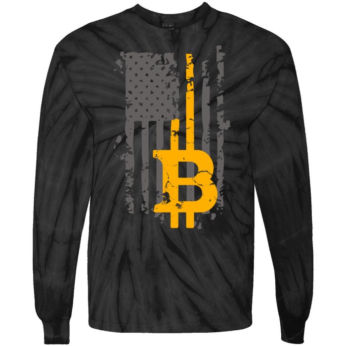 Bitcoin Crypto American Flag Gold Thin Line Tie-Dye Long Sleeve Shirt