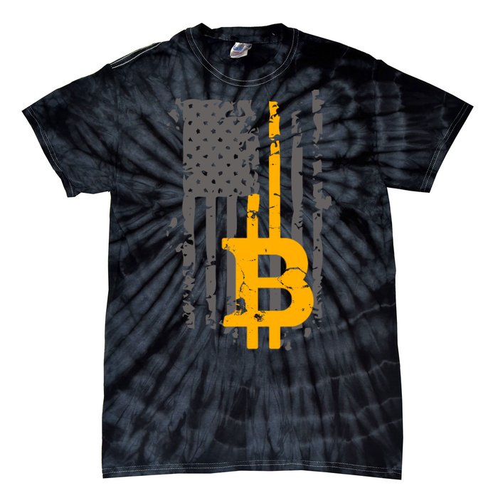 Bitcoin Crypto American Flag Gold Thin Line Tie-Dye T-Shirt