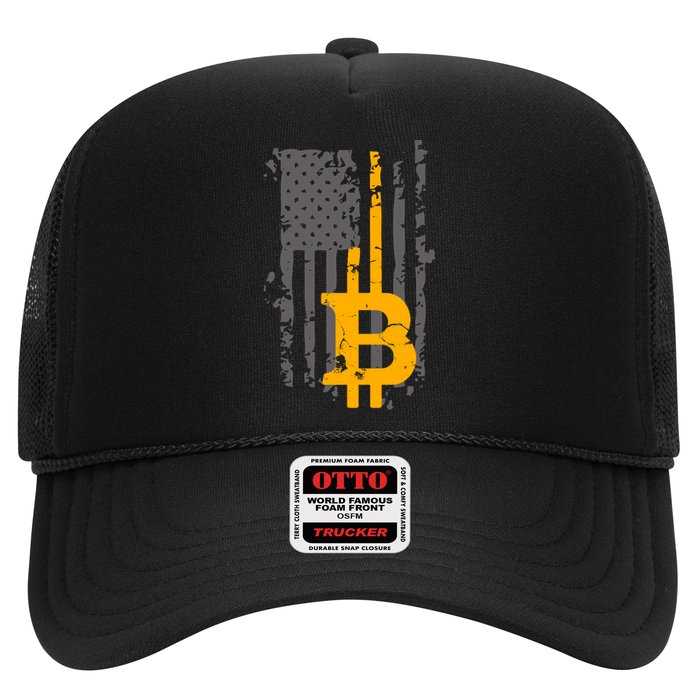 Bitcoin Crypto American Flag Gold Thin Line Trucker Hat