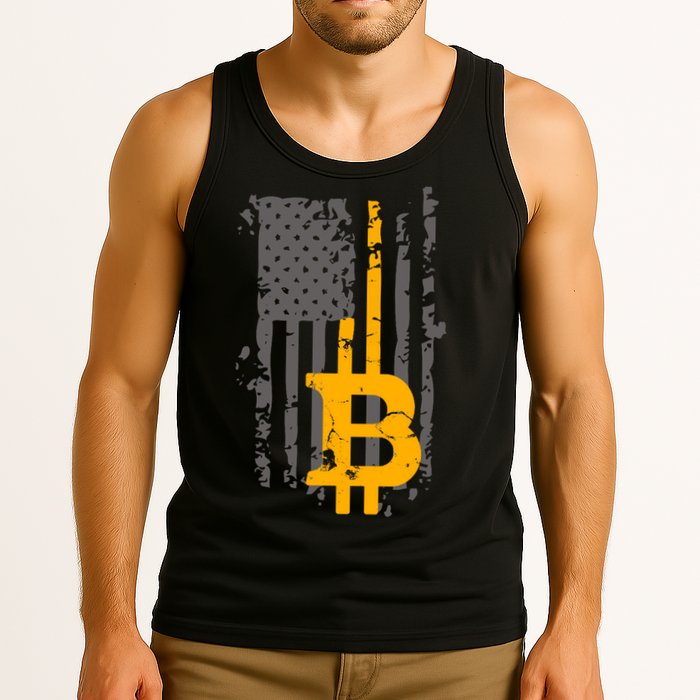 Bitcoin Crypto American Flag Gold Thin Line Tank Top