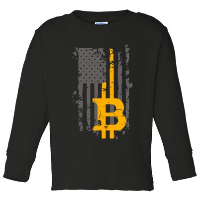 Bitcoin Crypto American Flag Gold Thin Line Toddler Long Sleeve Shirt
