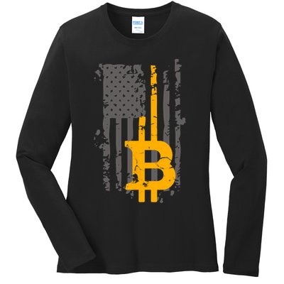 Bitcoin Crypto American Flag Gold Thin Line Ladies Long Sleeve Shirt