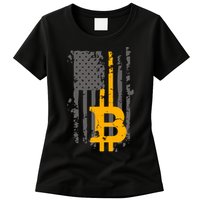 Bitcoin Crypto American Flag Gold Thin Line Womens T-Shirt