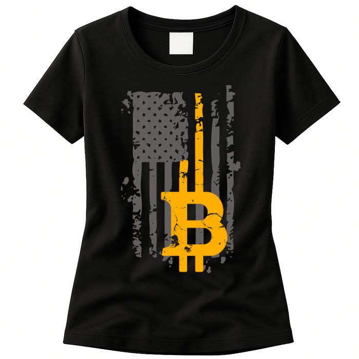 Bitcoin Crypto American Flag Gold Thin Line Womens T-Shirt