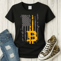 Bitcoin Crypto American Flag Gold Thin Line Womens T-Shirt