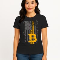 Bitcoin Crypto American Flag Gold Thin Line Womens T-Shirt
