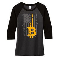 Bitcoin Crypto American Flag Gold Thin Line Women's Tri-Blend 3/4-Sleeve Raglan Shirt