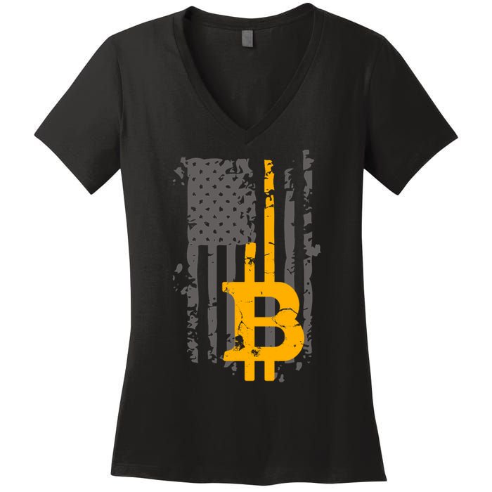 Bitcoin Crypto American Flag Gold Thin Line Women's V-Neck T-Shirt