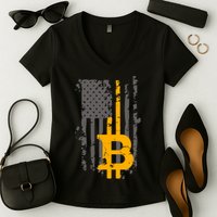 Bitcoin Crypto American Flag Gold Thin Line Women's V-Neck T-Shirt