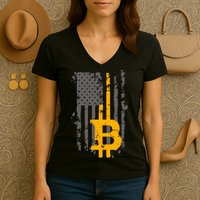 Bitcoin Crypto American Flag Gold Thin Line Women's V-Neck T-Shirt