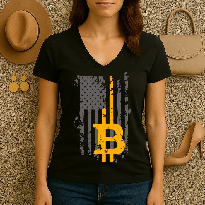 Bitcoin Crypto American Flag Gold Thin Line Women's V-Neck T-Shirt