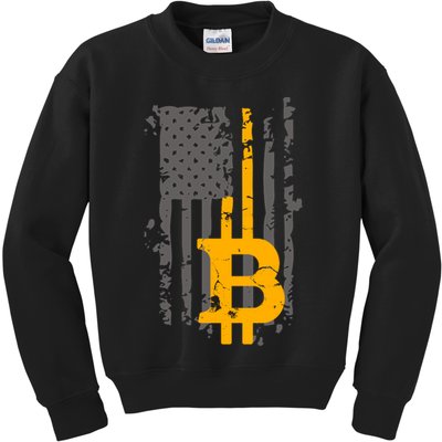 Bitcoin Crypto American Flag Gold Thin Line Kids Sweatshirt