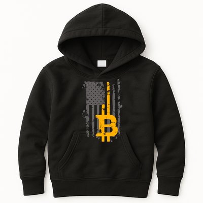 Bitcoin Crypto American Flag Gold Thin Line Kids Hoodie