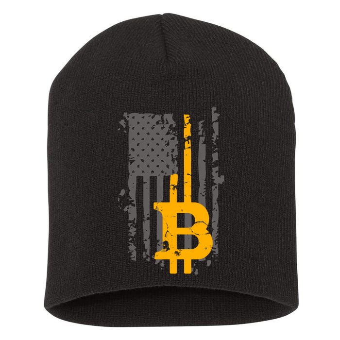 Bitcoin Crypto American Flag Gold Thin Line Short Acrylic Beanie