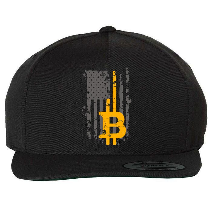 Bitcoin Crypto American Flag Gold Thin Line Wool Snapback Cap