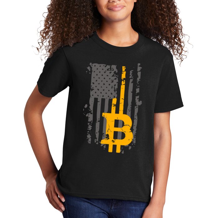 Bitcoin Crypto American Flag Gold Thin Line Kids T-Shirt