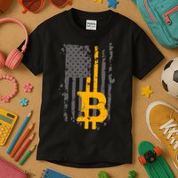 Bitcoin Crypto American Flag Gold Thin Line Kids T-Shirt