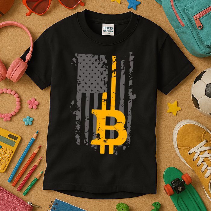 Bitcoin Crypto American Flag Gold Thin Line Kids T-Shirt