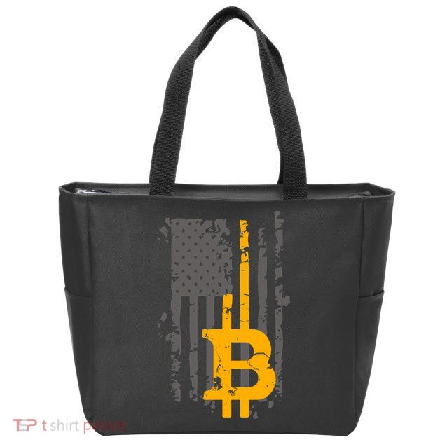 Bitcoin Crypto American Flag Gold Thin Line Zip Tote Bag
