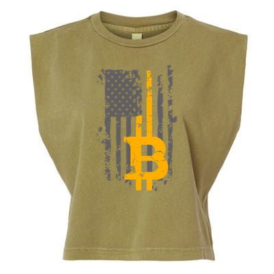 Bitcoin Crypto American Flag Gold Thin Line Garment-Dyed Women's Muscle Tee