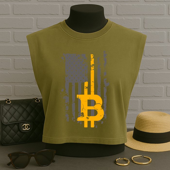 Bitcoin Crypto American Flag Gold Thin Line Garment-Dyed Women's Muscle Tee