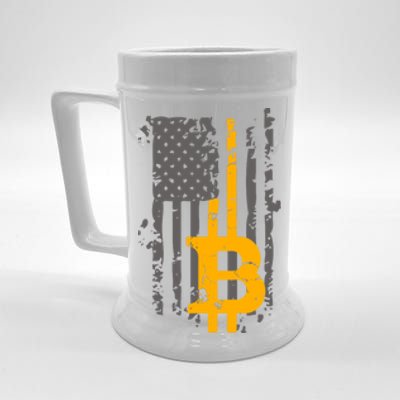 Bitcoin Crypto American Flag Gold Thin Line Beer Stein