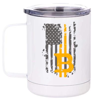 Bitcoin Crypto American Flag Gold Thin Line 12 oz Stainless Steel Tumbler Cup