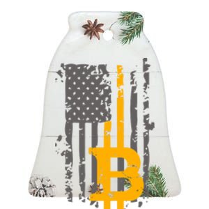 Bitcoin Crypto American Flag Gold Thin Line Ceramic Bell Ornament