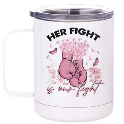 Breast Cancer Awareness Her Fight Is Our Fight Pink Ribbon Boxing Gloves 12 oz Stainless Steel Tumbler Cup