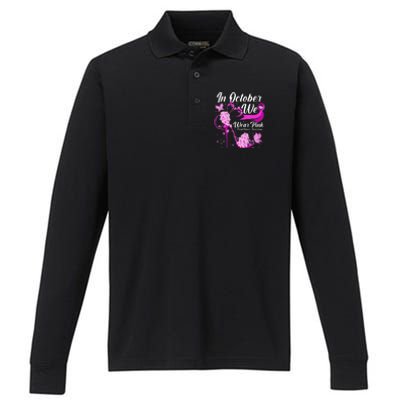 Breast Cancer Awareness In October We Wear Pink Flower High Heels Performance Long Sleeve Polo