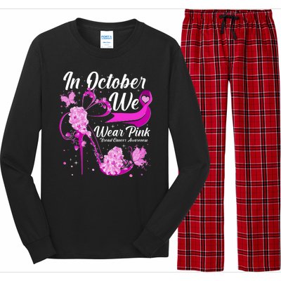 Breast Cancer Awareness In October We Wear Pink Flower High Heels Long Sleeve Pajama Set