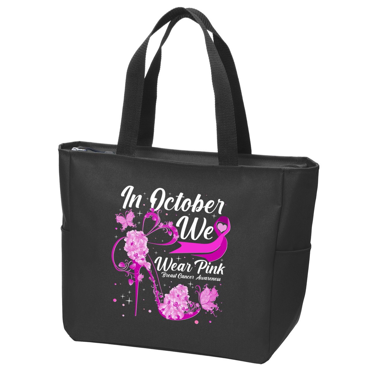 Breast Cancer Awareness In October We Wear Pink Flower High Heels Zip Tote Bag