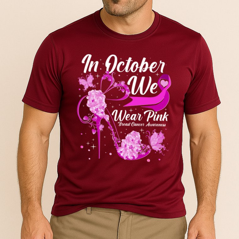 Breast Cancer Awareness In October We Wear Pink Flower High Heels Cooling Performance Crew T-Shirt