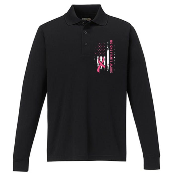 Breast Cancer Awareness Ribbon Usa American Flag Performance Long Sleeve Polo